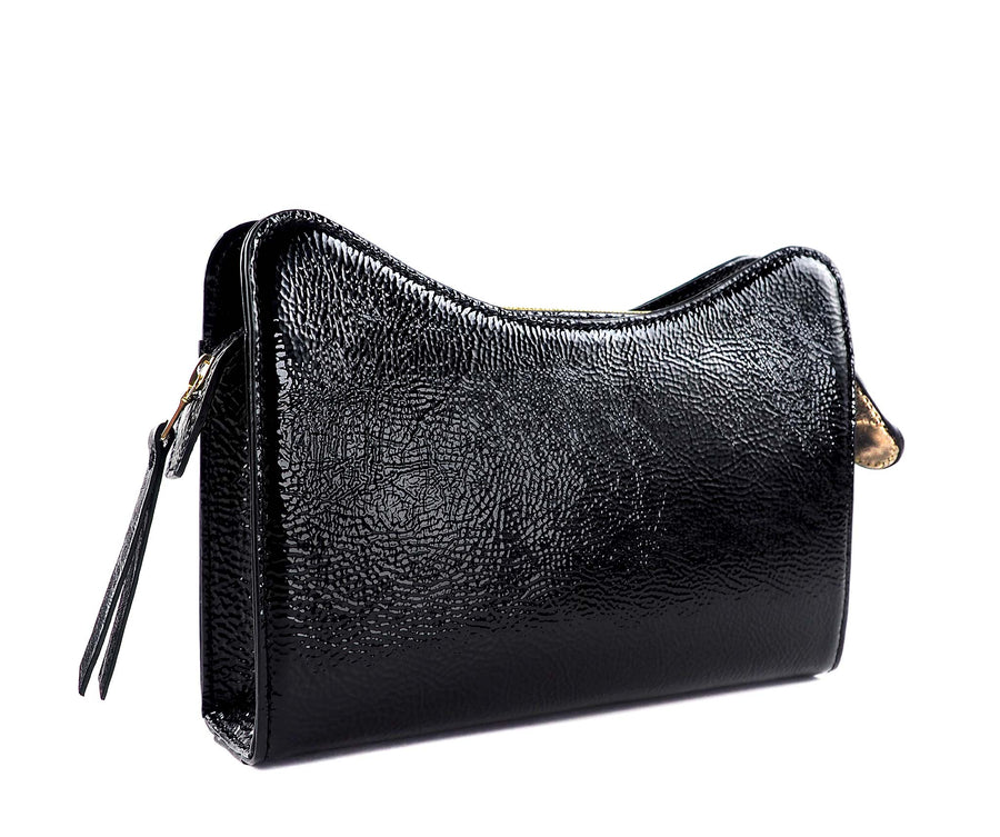 Jeffy Clutch in Black Crinkle Patent Leather