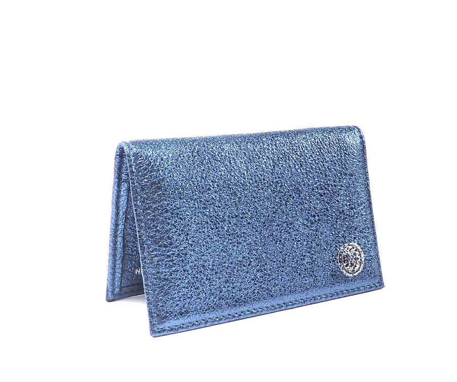Folded Card Wallet in Ocean Metallic Leather