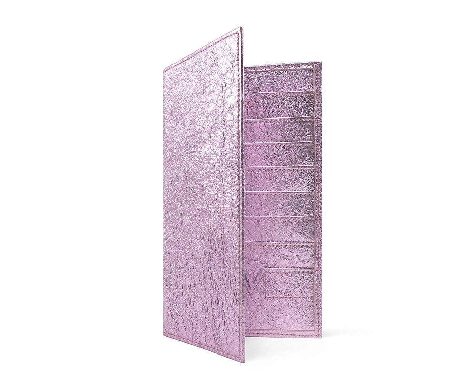 Folded Long Wallet in Pink Metallic Crinkle Leather