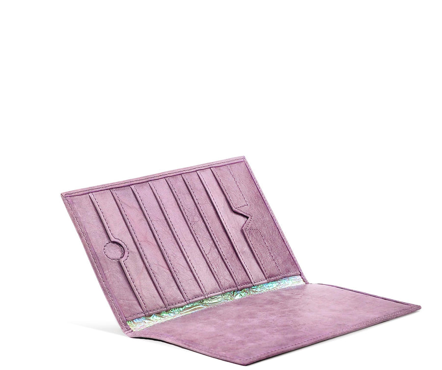 Folded Long Wallet in Plum Leather / Iridescent Crinkle
