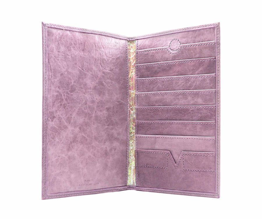 Folded Long Wallet in Plum Leather / Iridescent Crinkle